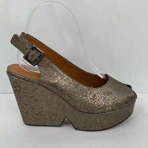 Clergerie Paris Dylan platform slingback wedge sandal shoe metallic snake 39 8